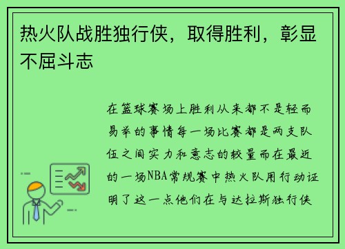 热火队战胜独行侠，取得胜利，彰显不屈斗志